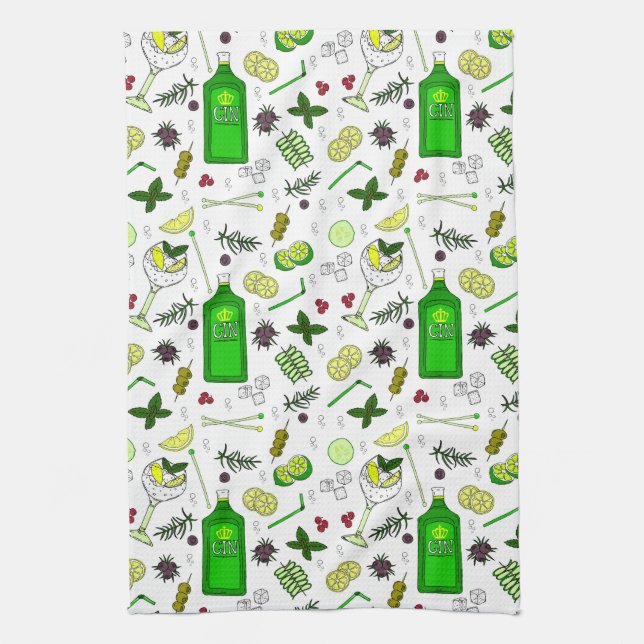 Gin and Tonic Lover Illustrated Cocktail Glasses Tea Towel (Vertical)