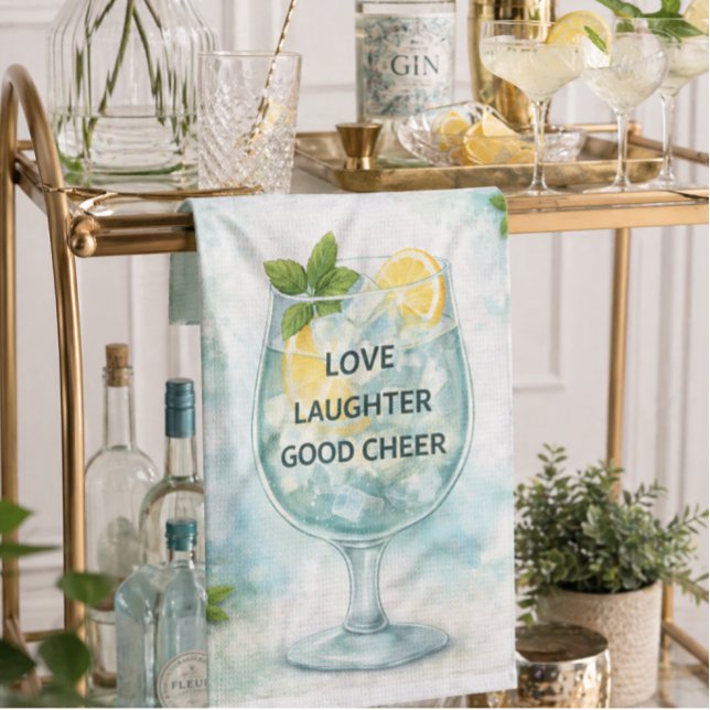 Gin and Tonic Towel Lemon Mint Cocktail Kitchen (Fresh gin & tonic tea towel for stylish entertaining—perfect gift and bar cart decor for summer)