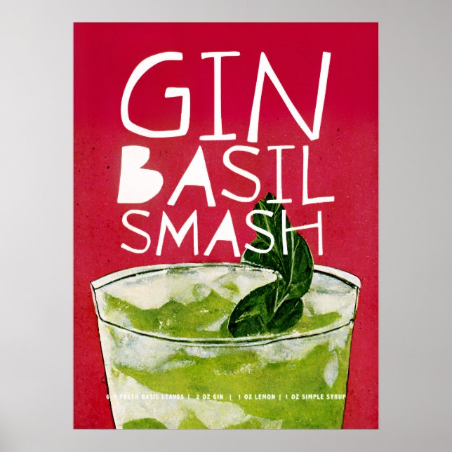 Gin Basil Smash: A Retro Cocktail Red Art Poster (Front)