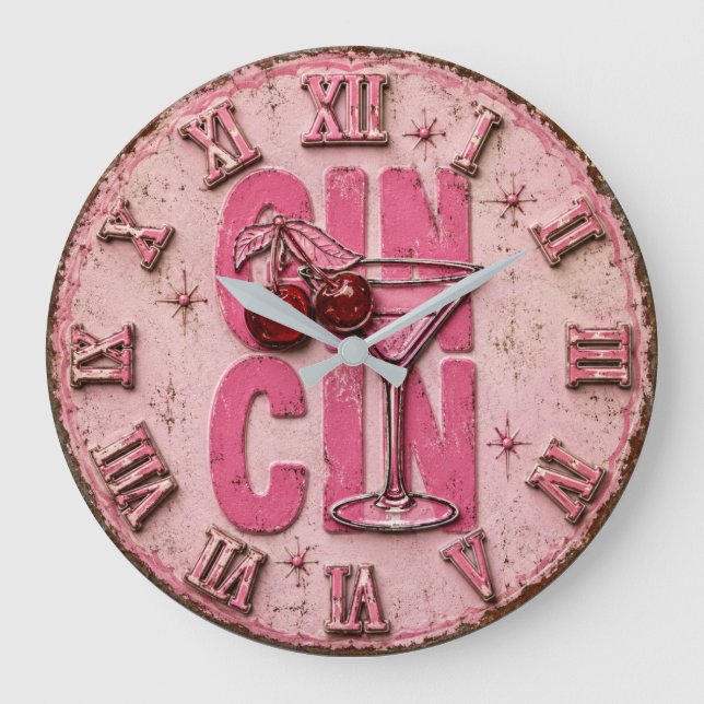 Gin Martini Pink Retro Cocktail Bar Decor  Large Clock (Front)