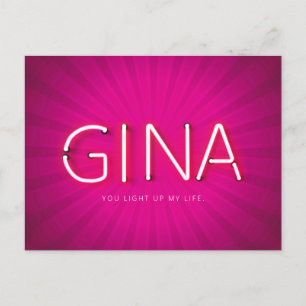 Gina name in glowing neon lights postcard