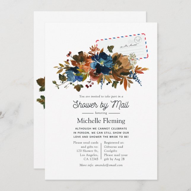 Ginger and Navy Floral Bridal Shower by Mail Invitation (Front/Back)