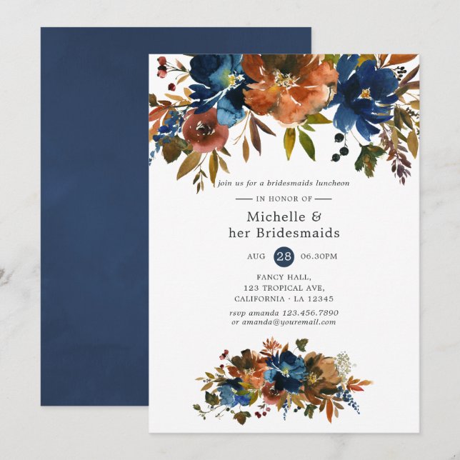 Ginger and Navy Floral Bridesmaids Luncheon Invitation (Front/Back)
