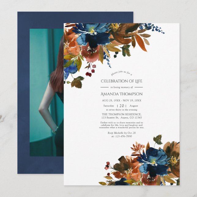 Ginger and Navy Floral Celebration of Life Photo Invitation (Front/Back)