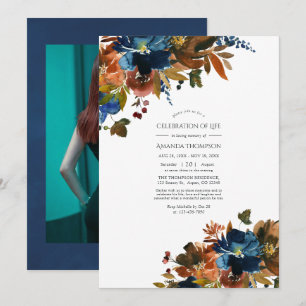 Ginger and Navy Floral Celebration of Life Photo Invitation