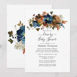 Ginger and Navy Floral Drive By Shower Invitation