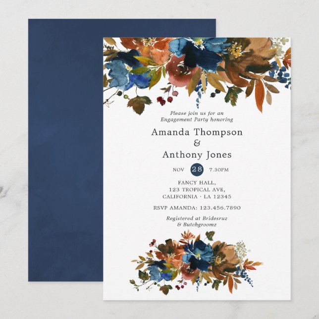 Ginger and Navy Floral Engagement Party Invitation (Front/Back)