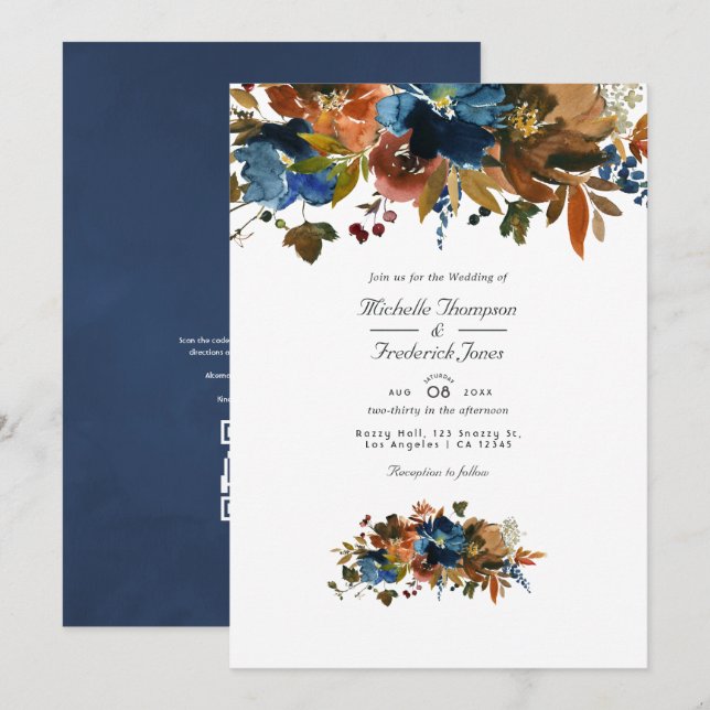 Ginger and Navy Floral QR Code RSVP Wedding Invitation (Front/Back)