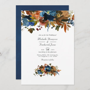 Ginger and Navy Floral QR Code RSVP Wedding Invitation