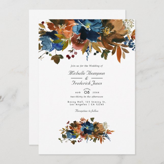 Ginger and Navy Floral QR Code RSVP Wedding Invitation (Front/Back)