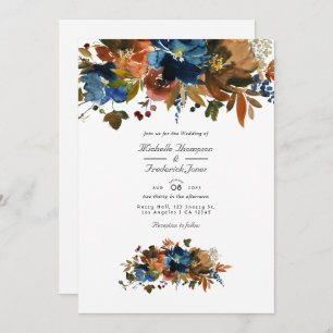 Ginger and Navy Floral QR Code RSVP Wedding Invitation