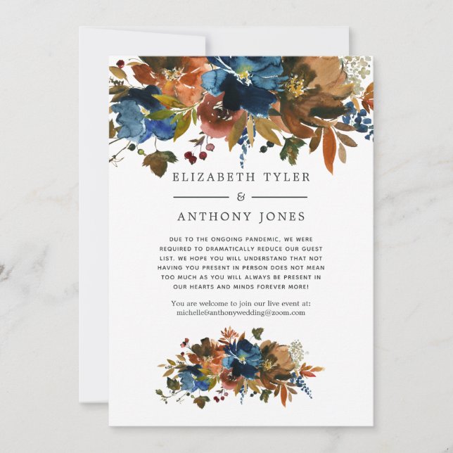 Ginger and Navy Floral Reduced Wedding Guest List Announcement (Front)