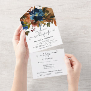 Ginger and Navy Floral Wedding All In One Invitation