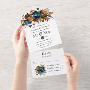 Ginger and Navy Floral Wedding All In One Invitation