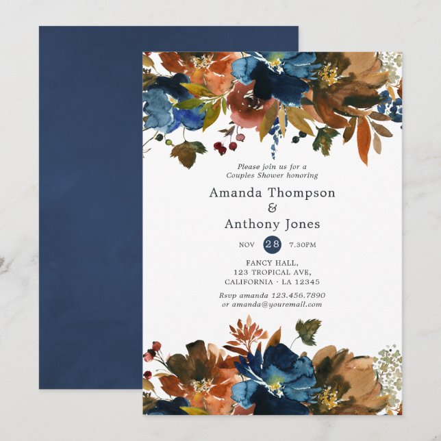Ginger and Navy Floral Wedding Couples Shower Invitation (Front/Back)