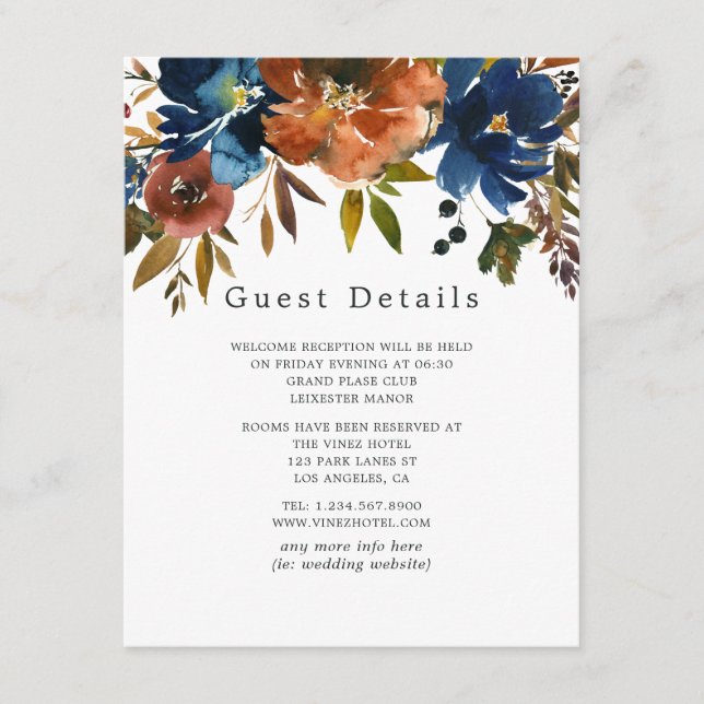 Ginger and Navy Floral Wedding Guest Details Enclosure Card (Front)