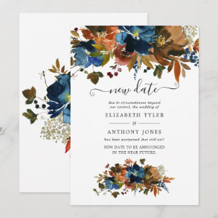 Ginger and Navy Floral Wedding New Date Invitation