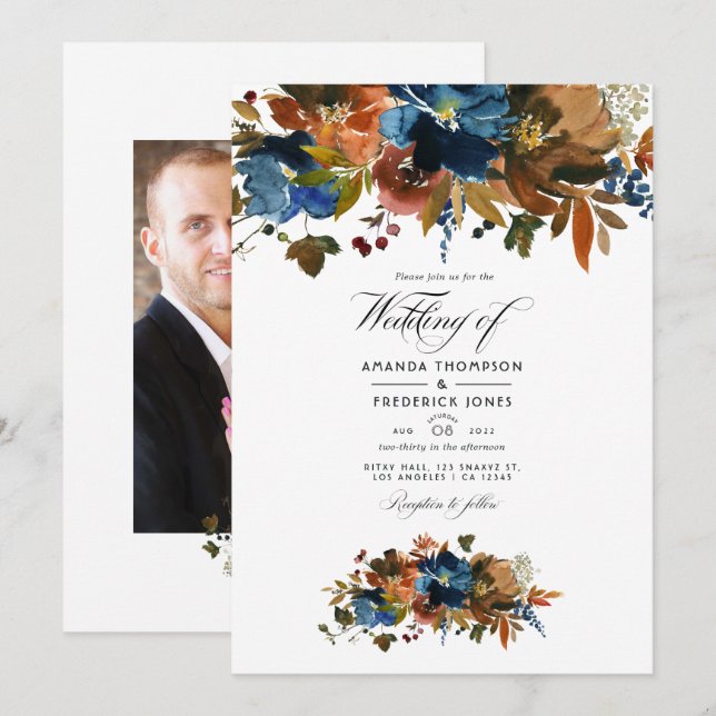 Ginger and Navy Floral Wedding Photo Invitation (Front/Back)