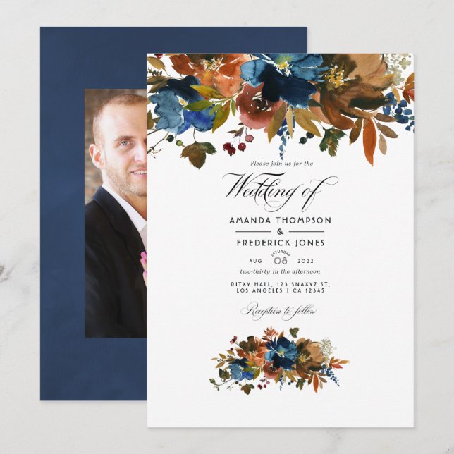 Ginger and Navy Floral Wedding Photo Invitation (Front/Back)