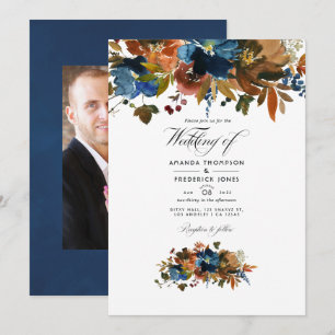 Ginger and Navy Floral Wedding Photo Invitation