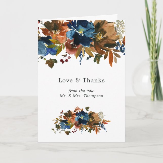 Ginger and Navy Floral Wedding Photo Thank You Card (Front)