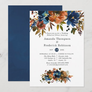 Ginger and Navy Floral Wedding Rehearsal Dinner Invitation