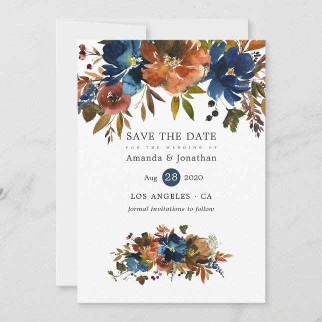 Ginger and Navy Floral Wedding Save The Date (Front)