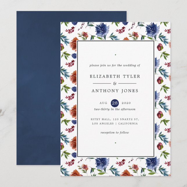Ginger and Navy Watercolor Floral Wedding Invitation (Front/Back)