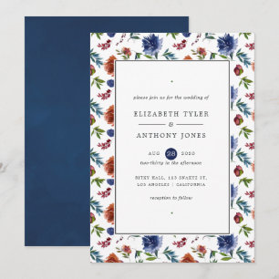 Ginger and Navy Watercolor Floral Wedding Invitation