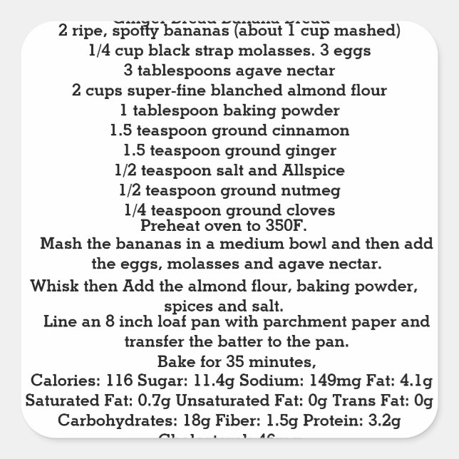 Ginger Banana Bread Gluten Free Square Sticker (Front)