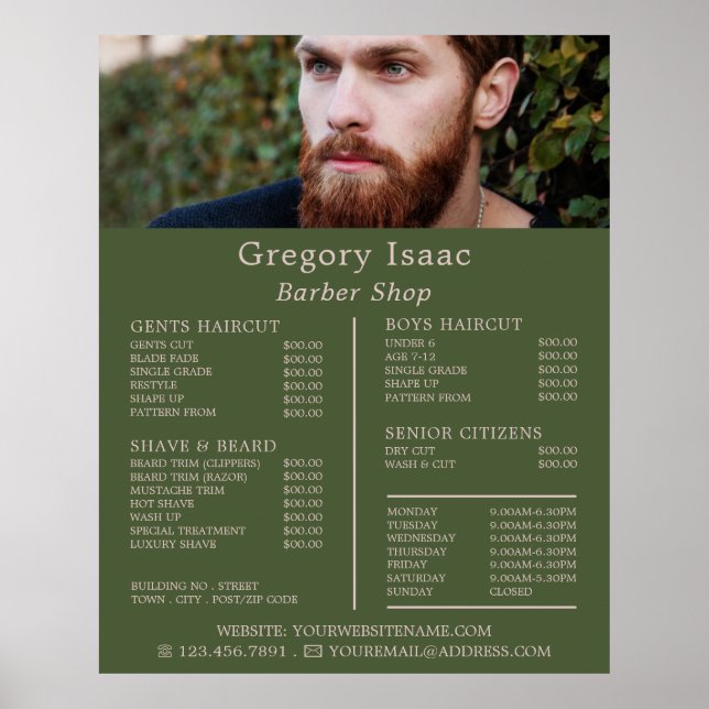 Ginger Beard Model, Men's Barbers Price List Poster (Front)
