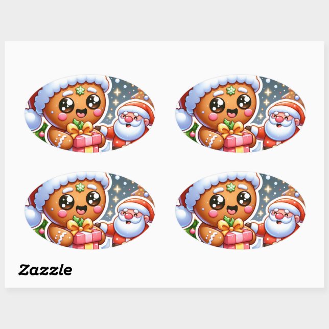 Ginger Bread Man and Santa Claus Oval Sticker (Sheet)