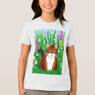 Ginger Brown Kitty in a Field of Flowers Kid's Tee