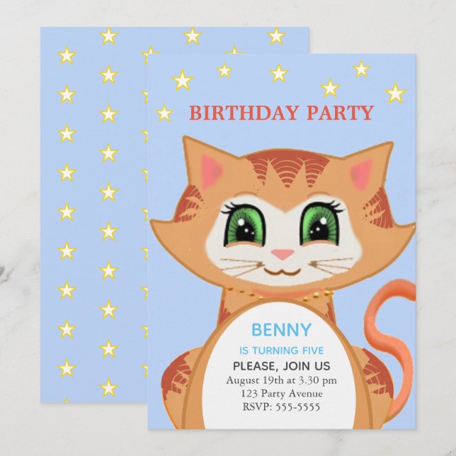 Ginger Cat 5th Boy Birthday Party Invitation (Front/Back)