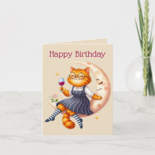 Ginger Cat and Wine Birthday Card