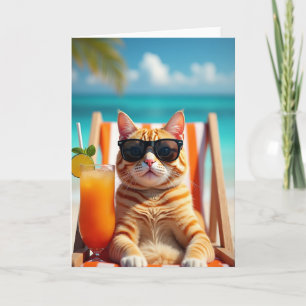 Ginger Cat Beach Birthday Card