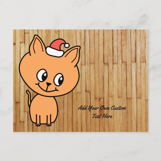 Ginger Cat Cartoon on Picture of Wood. Custom Text Holiday Postcard (Front)