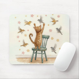 Ginger Cat Catching a Bird On Wallpaper Mouse Mat