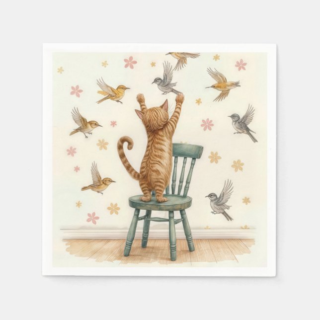 Ginger Cat Catching a Bird On Wallpaper Napkin (Front)