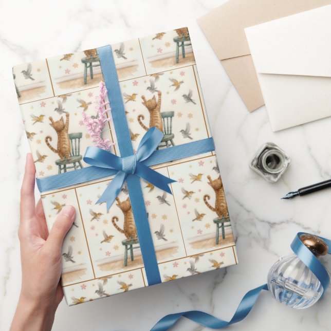 Ginger Cat Catching a Bird On Wallpaper Wrapping Paper (Gifting)