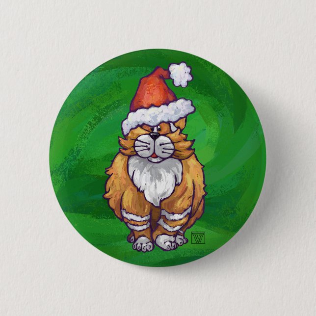 Ginger Cat Christmas On Green 6 Cm Round Badge (Front)