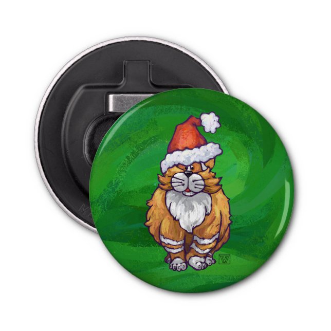 Ginger Cat Christmas On Green Bottle Opener (Front)