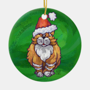 Ginger Cat Christmas On Green Ceramic Tree Decoration