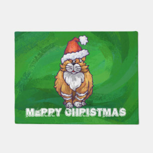 Ginger Cat Christmas On Green Doormat