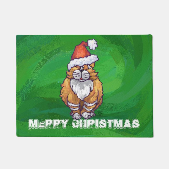 Ginger Cat Christmas On Green Doormat (Front)