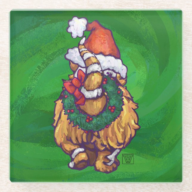 Ginger Cat Christmas On Green Glass Coaster (Front)