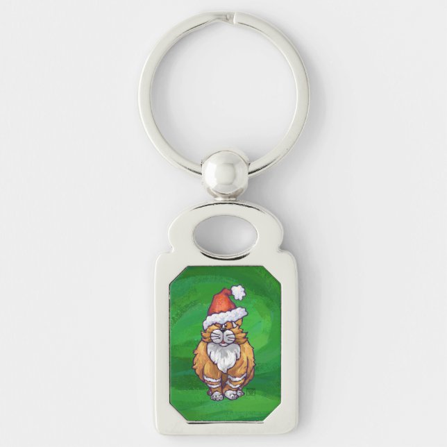Ginger Cat Christmas On Green Key Ring (Front)