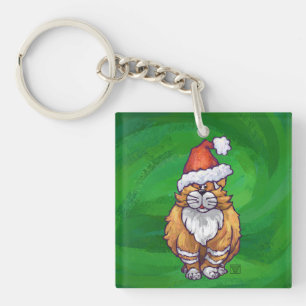 Ginger Cat Christmas On Green Key Ring