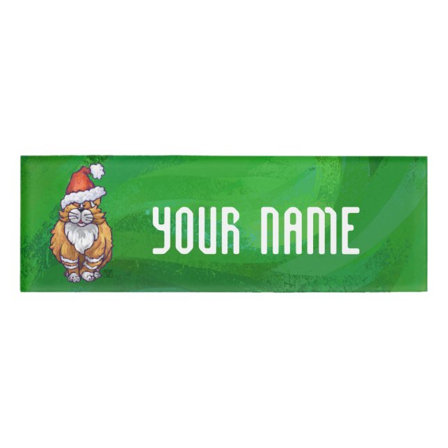 Ginger Cat Christmas On Green Name Tag (Front)