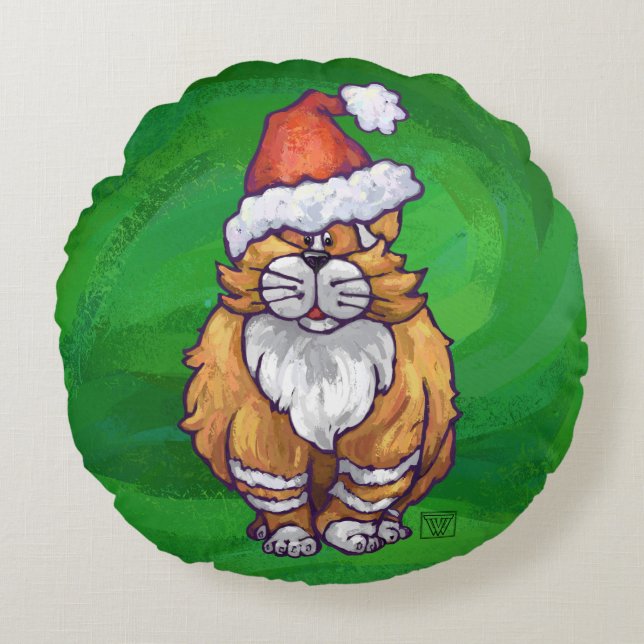 Ginger Cat Christmas On Green Round Cushion (Front)